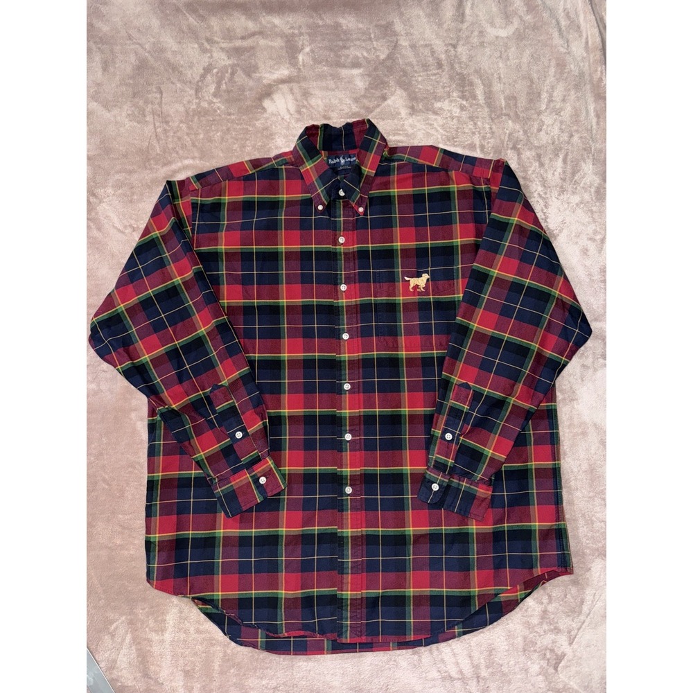 Vtg Ralph Lauren Shirt Mens Blake Golden Lab Embroidered Plaid Size XL